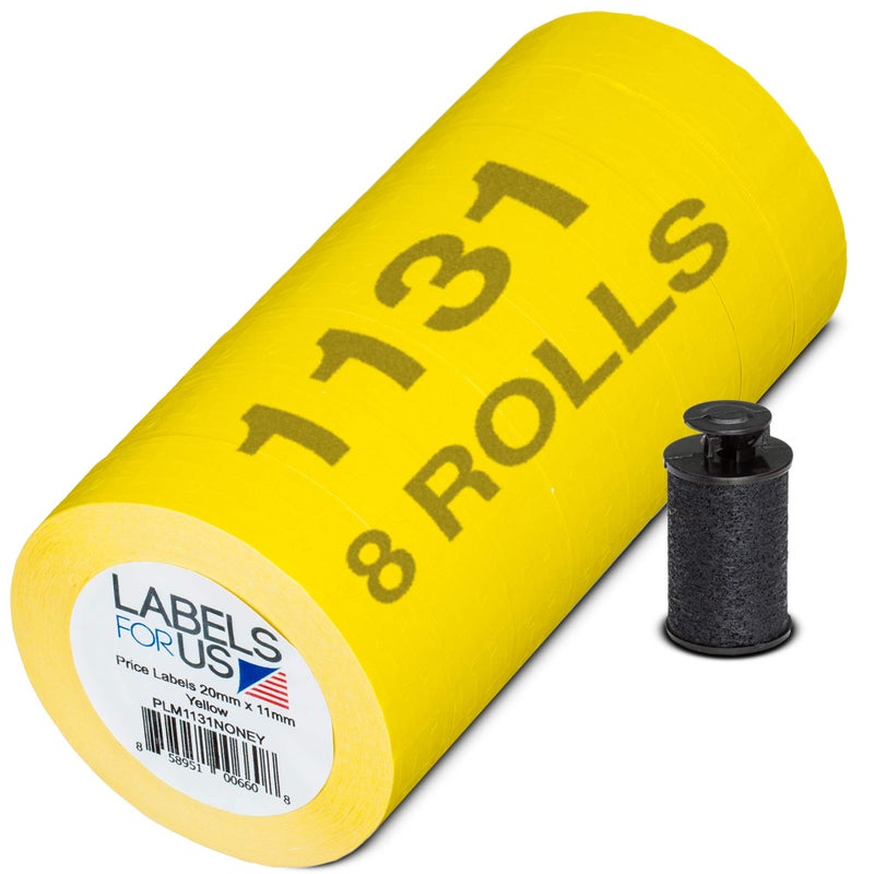 Labels for Us Labels for Monarch 1131 Labeler - Yellow - 20,000 Labels - Pack with 8 Rolls - Ink Roller Included - Made and Delivered by Labels for Us - Image 1